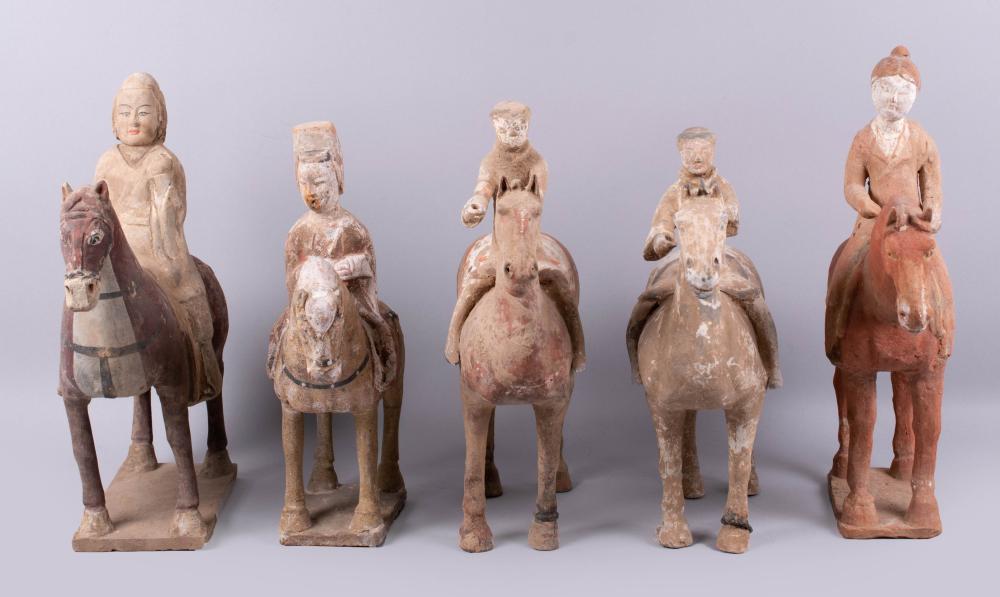 GROUP OF FIVE PAINTED POTTERY HORSE