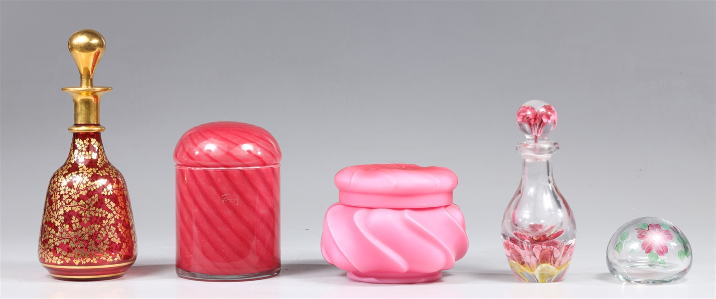 Group of five vintage pink glass