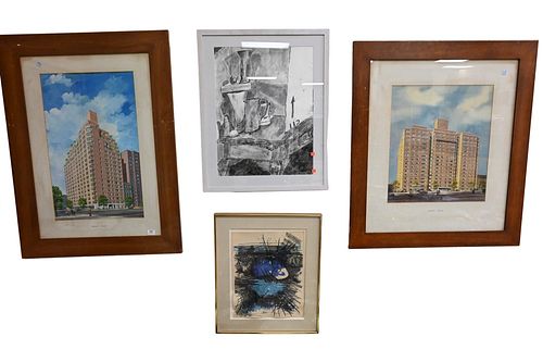 GROUP OF FOUR FRAMED PIECES OF ART,