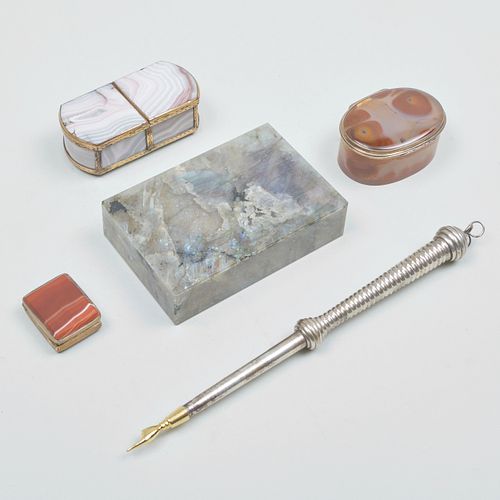 GROUP OF FOUR HARDSTONE BOXES AND A