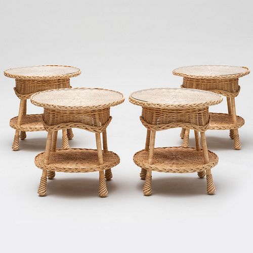 GROUP OF FOUR WICKER SIDE TABLES,