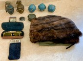 GROUP OF FUR HATS, COMPASSES,