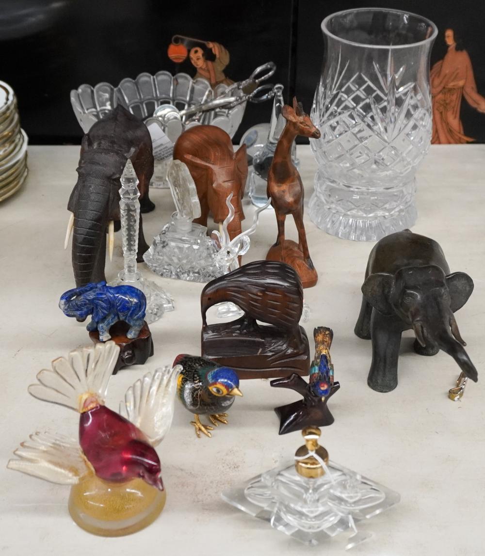 GROUP OF GLASS AND CARVED WOOD