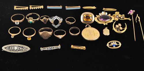 GROUP OF GOLD, SILVER AND STONE