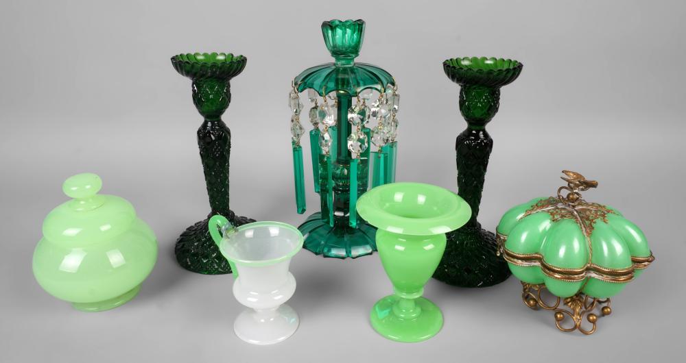 GROUP OF GREEN GLASSWARE, LATE