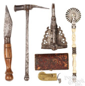GROUP OF IRON, BRASS, AND LEAT