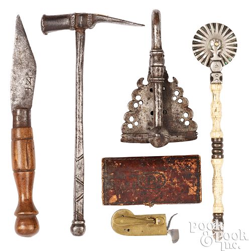 GROUP OF IRON, BRASS, AND LEATHER