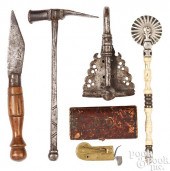 GROUP OF IRON, BRASS, AND LEAT