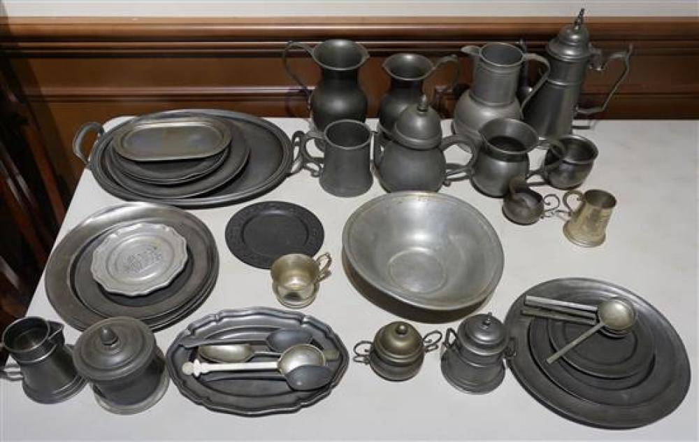 GROUP OF PEWTER TEAPOTS, SUGARS,