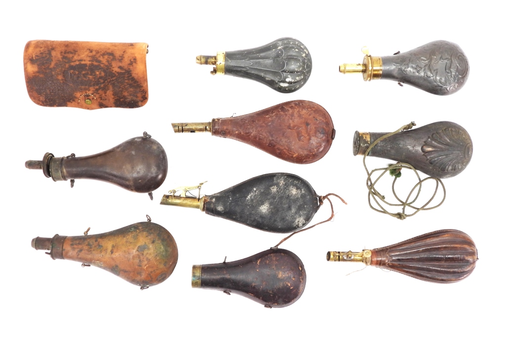 GROUP OF POWDER AND SHOT FLASKS
