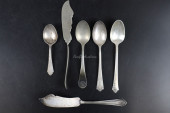 GROUP OF SILVER SPOONS AND KNI