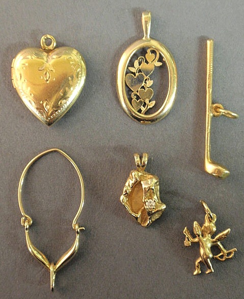Group of six 14k gold charms- heart