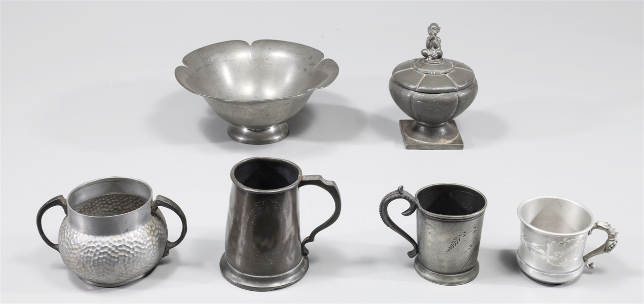 Group of six antique pewter and