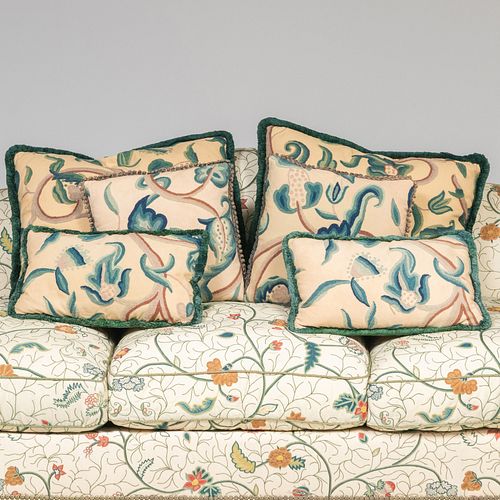 GROUP OF SIX CREWELWORK PILLOWS AND