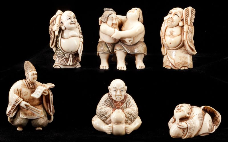 Group of Six Ivory Netsukedepicting