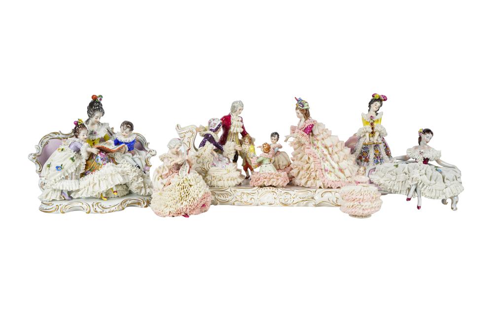 GROUP OF SIX LACE PORCELAIN FIGURAL