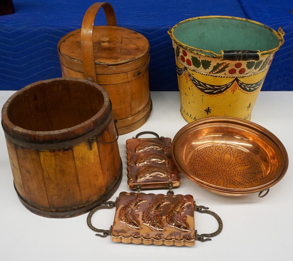 GROUP OF SIX METAL AND WOOD TABLE
