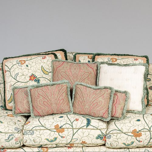 GROUP OF TEN CREWELWORK AND PAISLEY