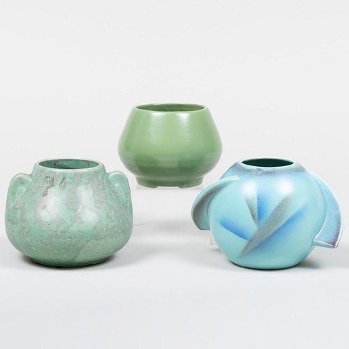 GROUP OF THREE GREEN GLAZED POTTERY