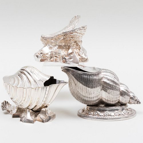 GROUP OF THREE SILVER PLATE SHELL