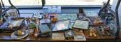 GROUP OF TILES, TWO IRON CORNB