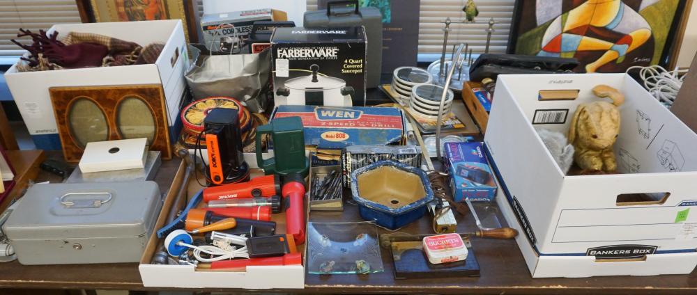 GROUP OF TOOLS, STUFFED ANIMALS AND