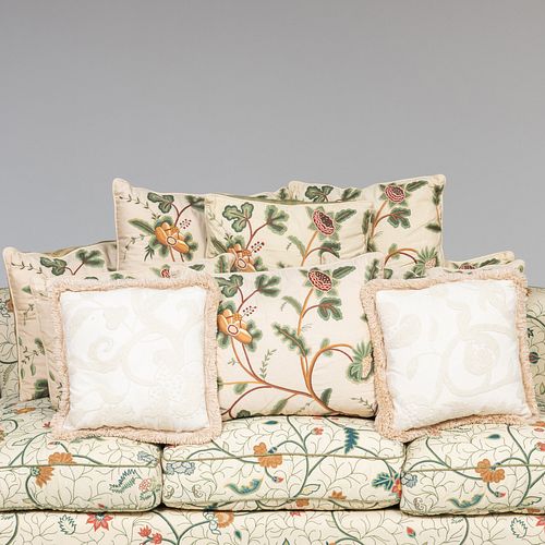 GROUP OF TWELVE CREWELWORK PILLOWS,
