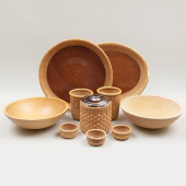GROUP OF WOOD BOWLS, WOVEN TRA