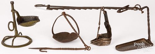 GROUP OF WROUGHT IRON FAT LAMPS,