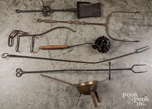 GROUP OF WROUGHT IRON FIRE TOOLS,