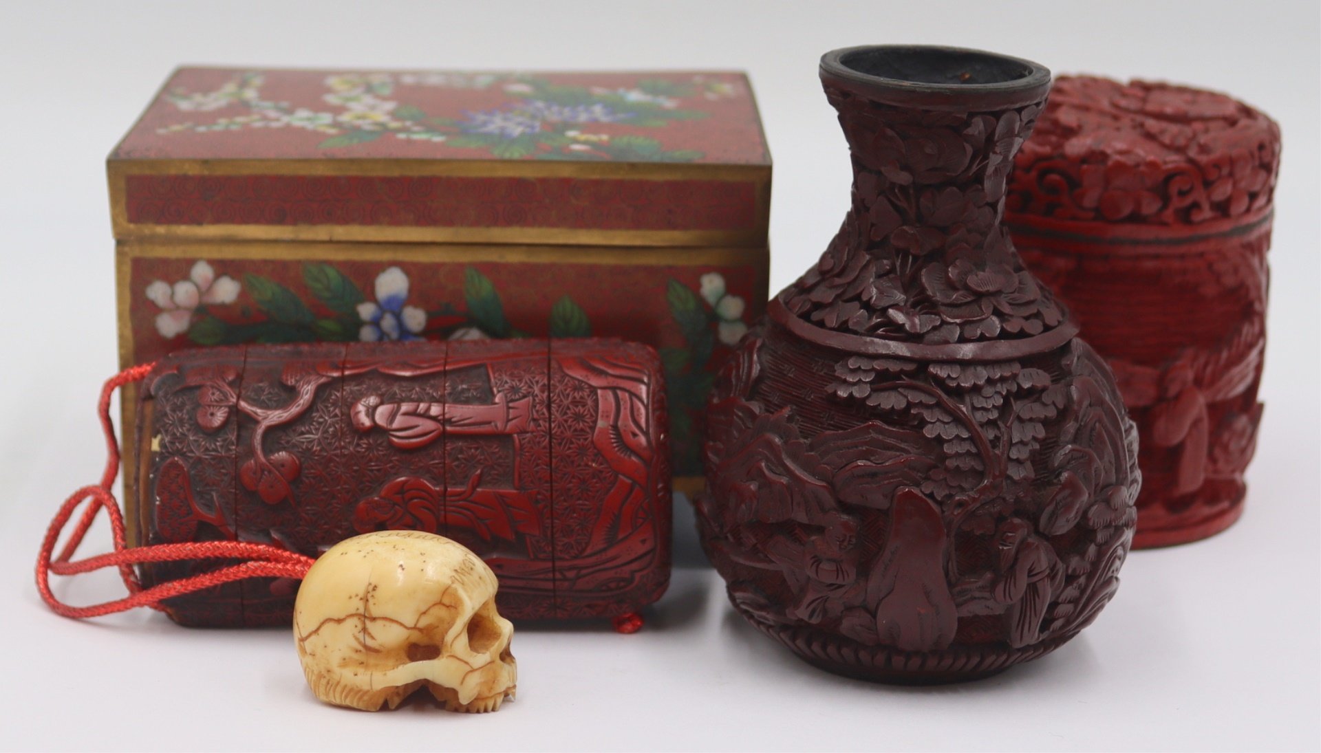 GROUPING OF CINNABAR AND CLOISONNE.