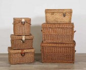 GROUPING OF SIX WICKER TRUNKS