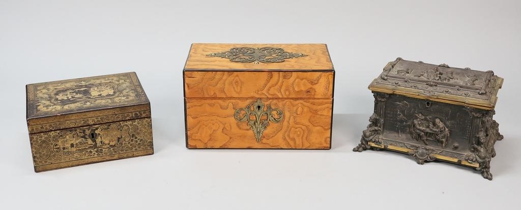 GROUPING OF TEA CADDIES & DRESSER