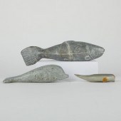 GRP: 3 STONE CARVINGS FISH & D
