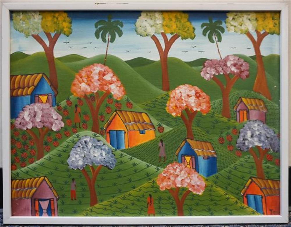 HAITIAN SCHOOL, VILLAGE, OIL ON