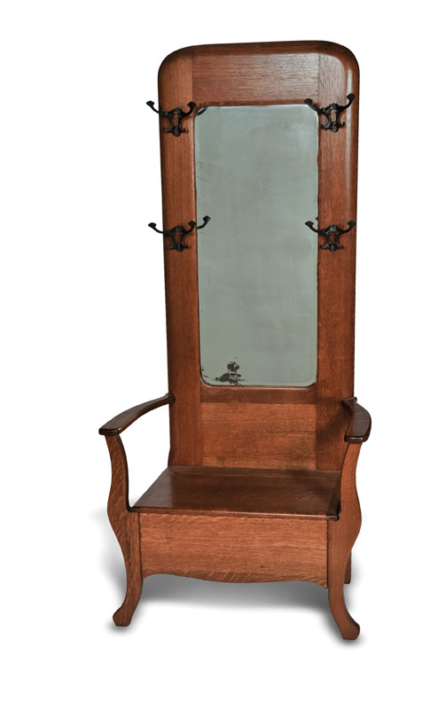 HALL SEAT. Oak with bronze hat