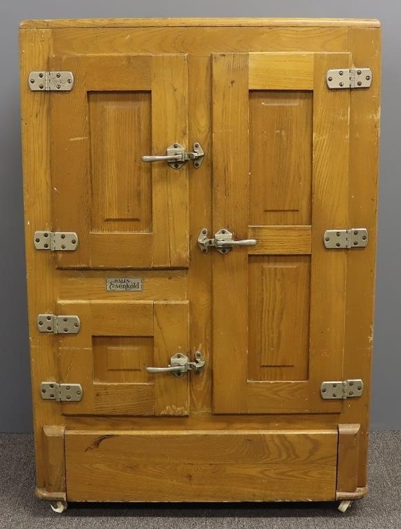 Hall's Evenkold oak ice box, 45"h x
