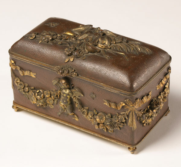 Hammered copper casket; brass