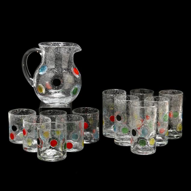 HAND-BLOWN PITCHER AND TWELVE GLASS