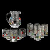 HAND-BLOWN PITCHER AND TWELVE