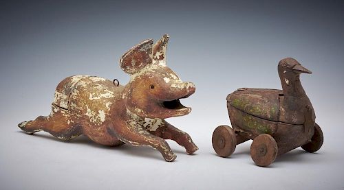 HAND CARVED WOODEN DUCK AND PIG