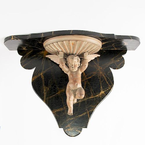 HAND CARVED WOODEN SHELF, CHERUB