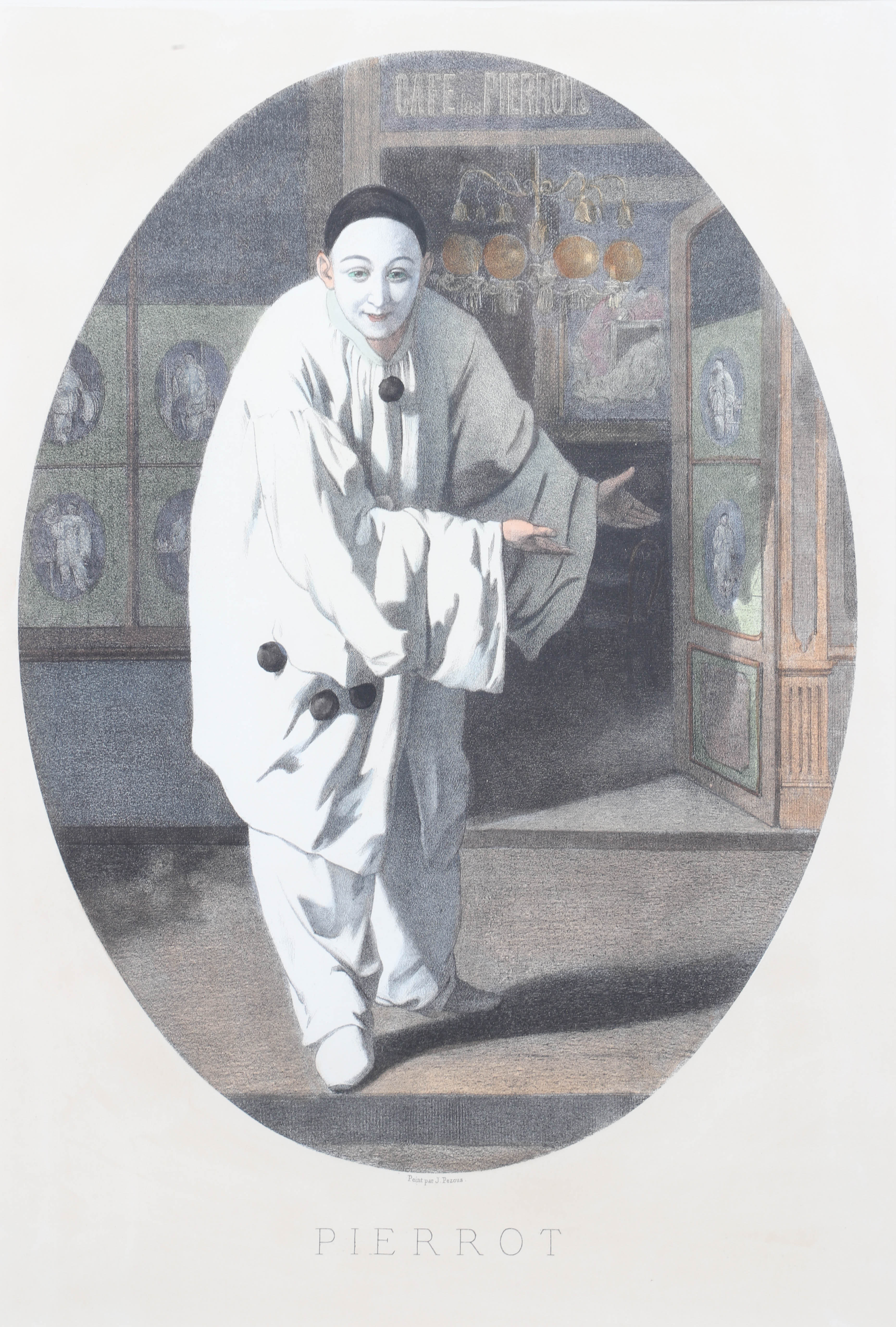 Hand colored print of a pierrot