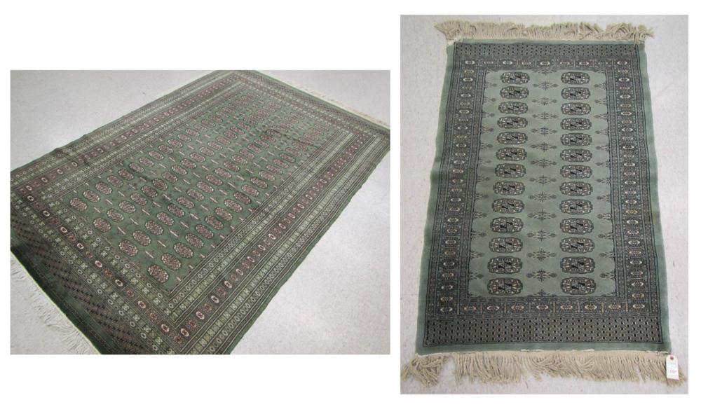 HAND KNOTTED GREEN BOKHARA CARPET