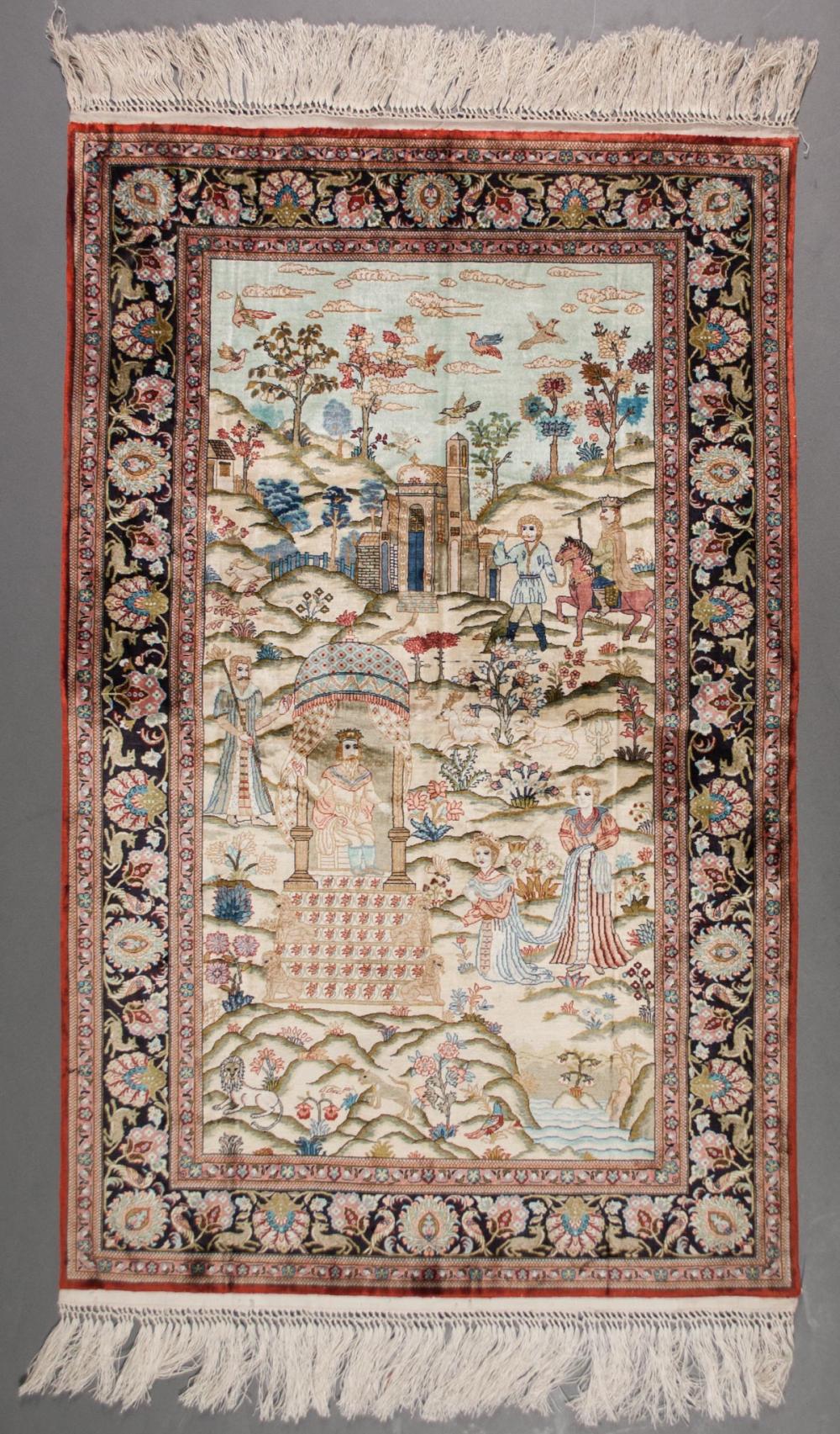 HAND KNOTTED PICTORIAL SILK RUG,