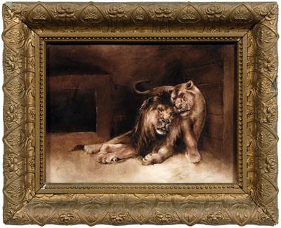 Hand painted porcelain plaque, lion
