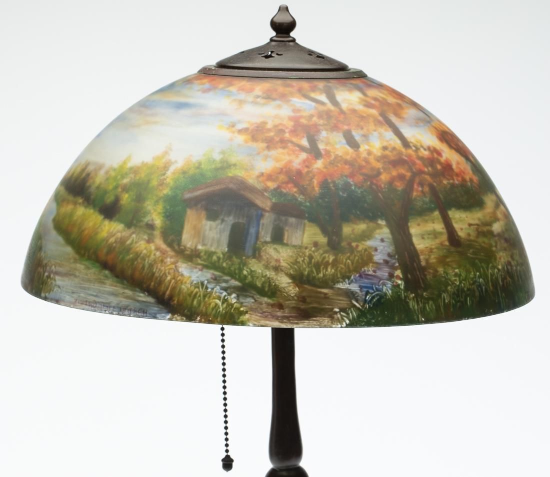 HANDEL GLASS AND BRONZE LAMP WITH