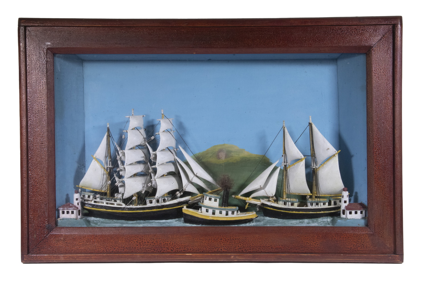 HARBOR DIORAMA, CA 1900 Barque, Tug