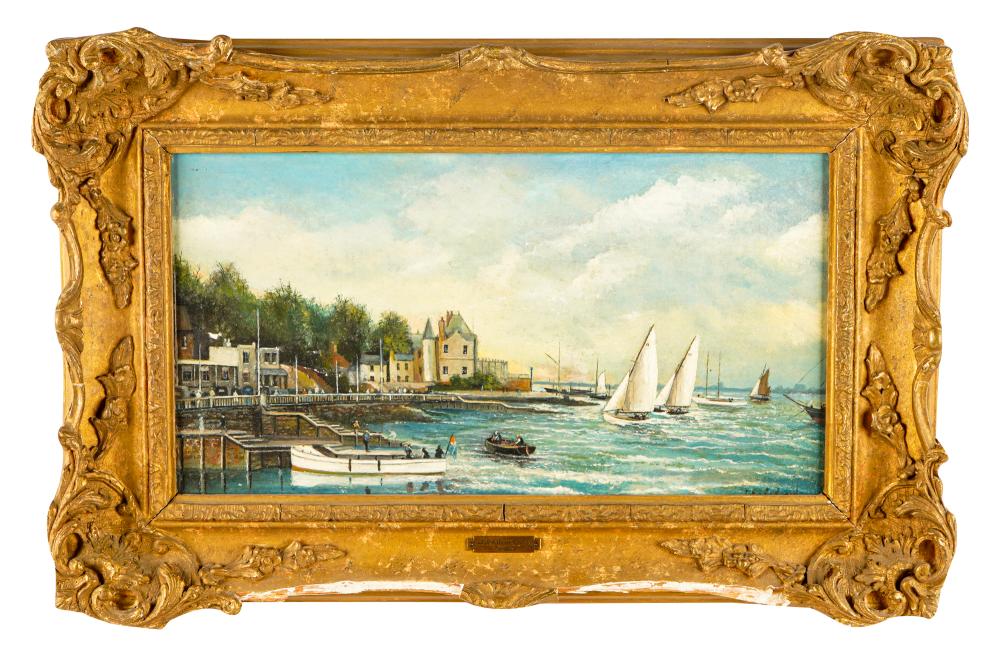 HARBOR SCENEoil on board signed "J.