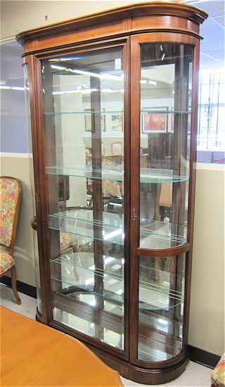 HARDWOOD AND CURVED GLASS CURIO